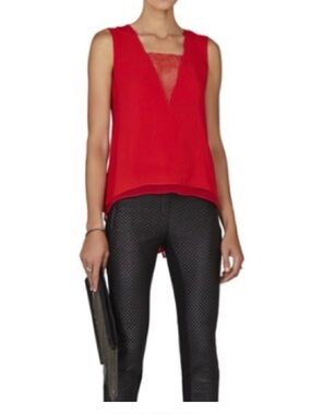 BCBG Red V-Neck Lace Inset Sleeveless Top